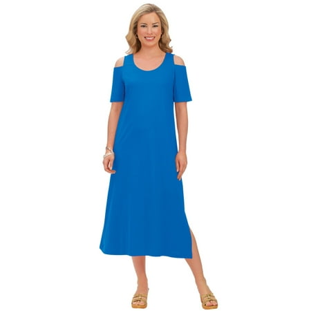 Jersey Knit Tank Dress - Women's Cold Shoulder Cotton Jersey Knit Casual Dress with Scoop Neckline, Medium, Blue