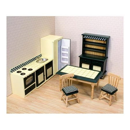 Doug Wooden Castle - Melissa & Doug Classic Wooden Dollhouse Kitchen Furniture (7 pcs) - Buttery Yellow/Deep Green