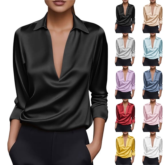 Otntypg Satin Blouses for Women Casual Long Sleeve Elegant V Neck Solid Color Silk Shirts Dressy Business Work Collared Tunic Tops Blue L