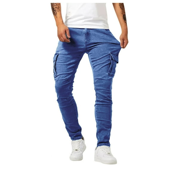 Luwomo Jeans for Mens Fashion Oversized Ripped Slim Fit Straight Leg High Waist Long Trousers Regular Denim Pants Dark Blue,L