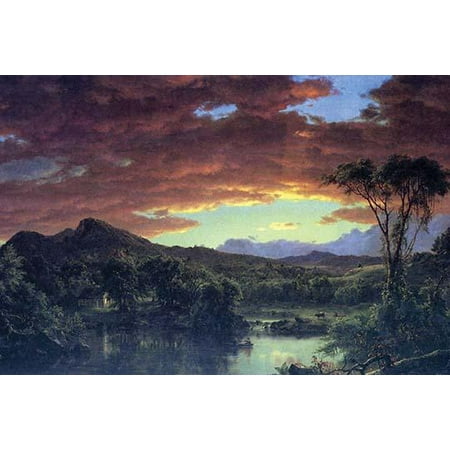 Bucolic scene in the Hudson River Valley of New York State n the 1860s with a log cabin farm animals grazing and men fishing in a canoe   Frederic Edwin Church was an American landscape painter born