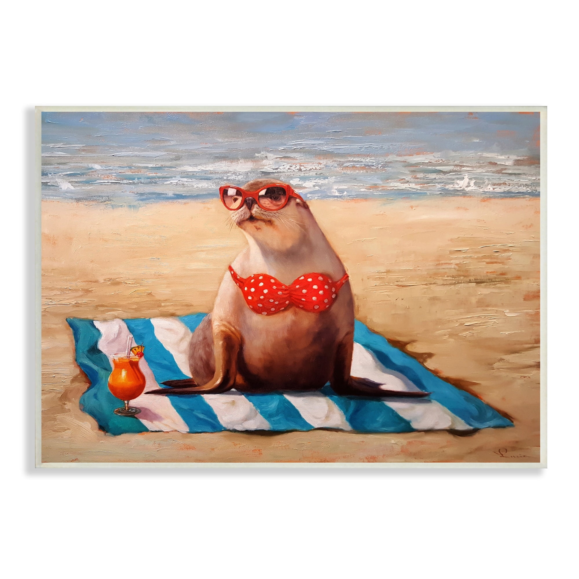 Stupell Industries Polka Dot Bikini Sea Lion Tropical Drink Beach Scene, 19 x 13, Design by Lucia Heffernan