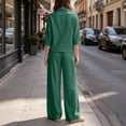 thumbnail image 6 of Costeam Womens Textured Woven Two Piece Outfit Lapel Collar 3 Quarter Sleeve Pocket Top And Elastic Waist Wide Leg Pants Loose Fit Solid Color Casual Co Ord Set, 6 of 7