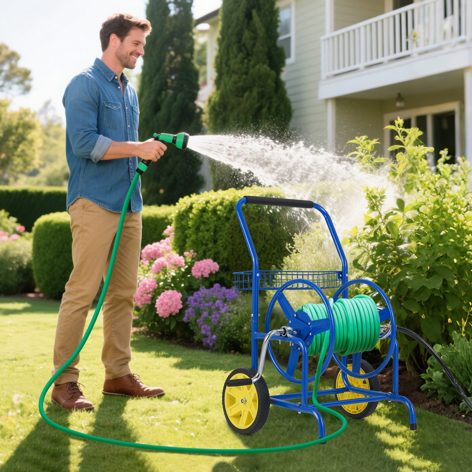 Gymax Garden Hose Reel Cart 230 FT of 5/8'' Large Capacity w/ 2 Wheels Storage Basket Blue