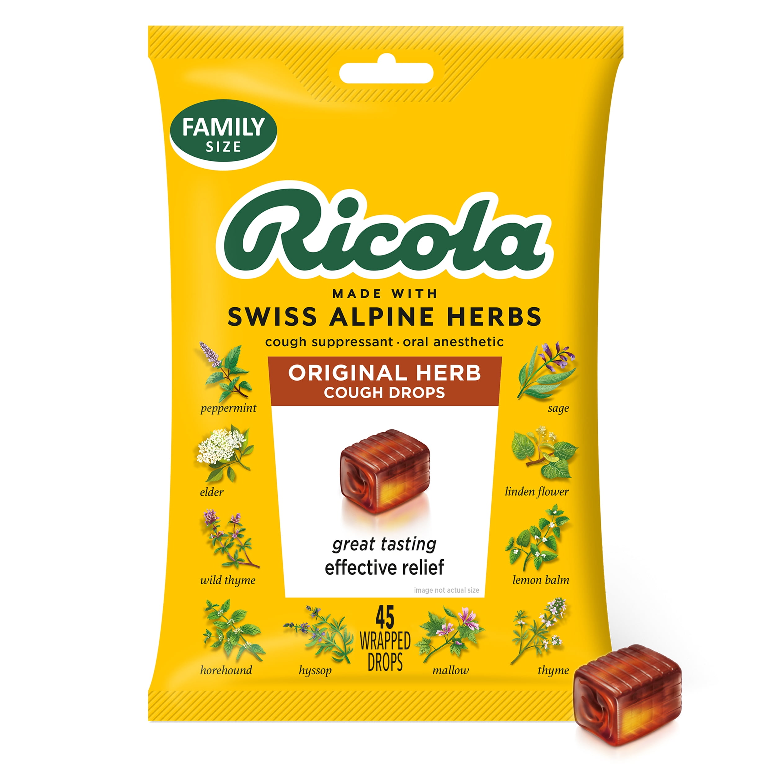 Ricola Cough Drops, Soothing Relief for Dry, Sore Throat, Original Herb, 45 Count
