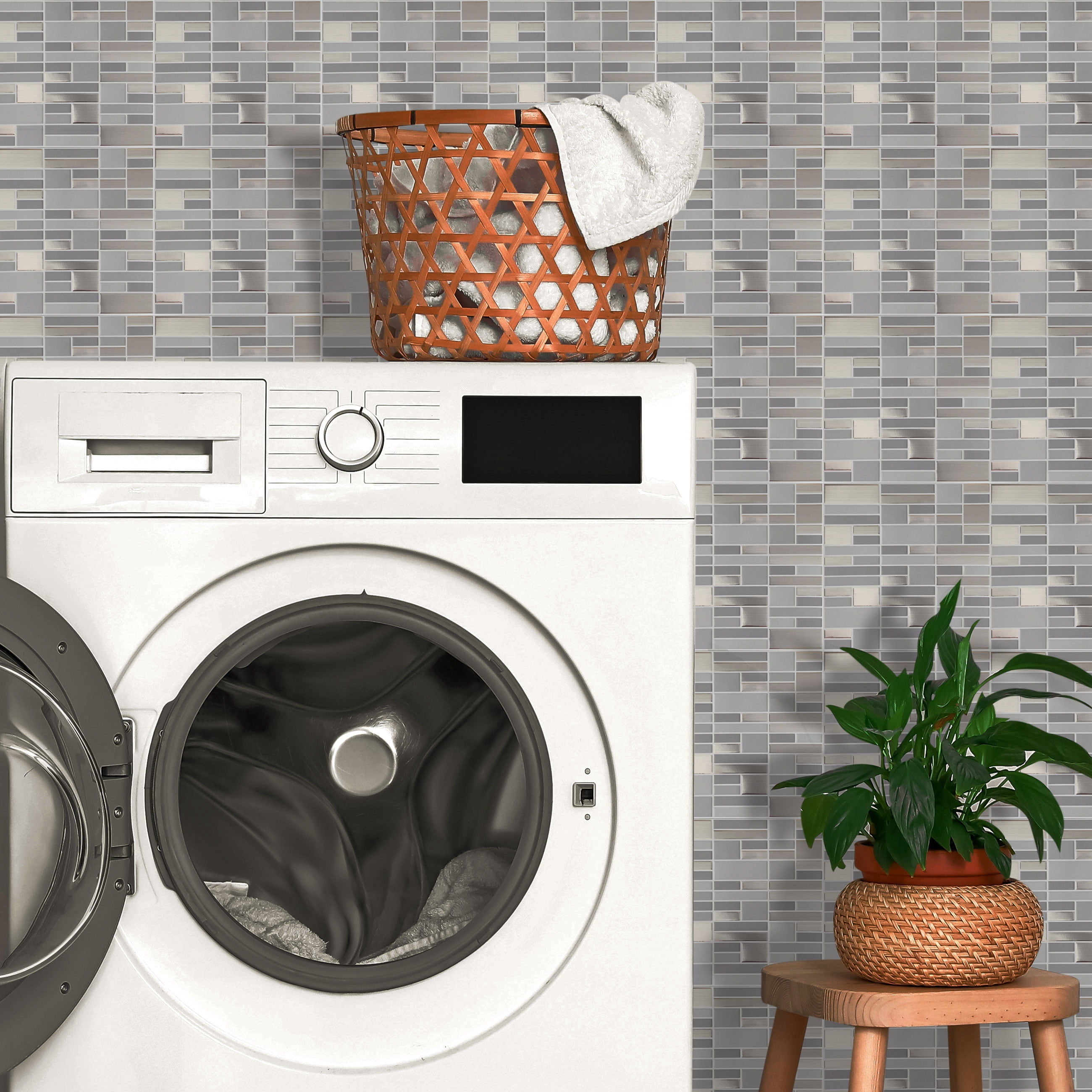 Main Street Peel & Stick Wallpaper Tiles, Silver and Gray, 8 in x 8 in, 24 Pack, Self Adhesive Wall Tiles for Kitchen Backsplash and Home Decor