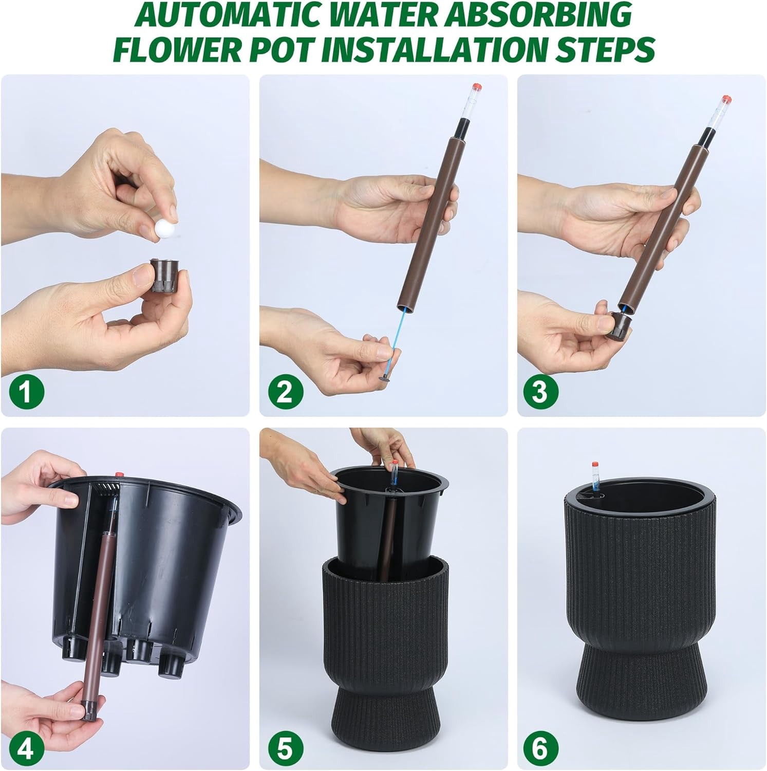 Riedhoff 14.2" Planters Pots Set of 2, with Inner Bucket & Water Level Monitor, Black
