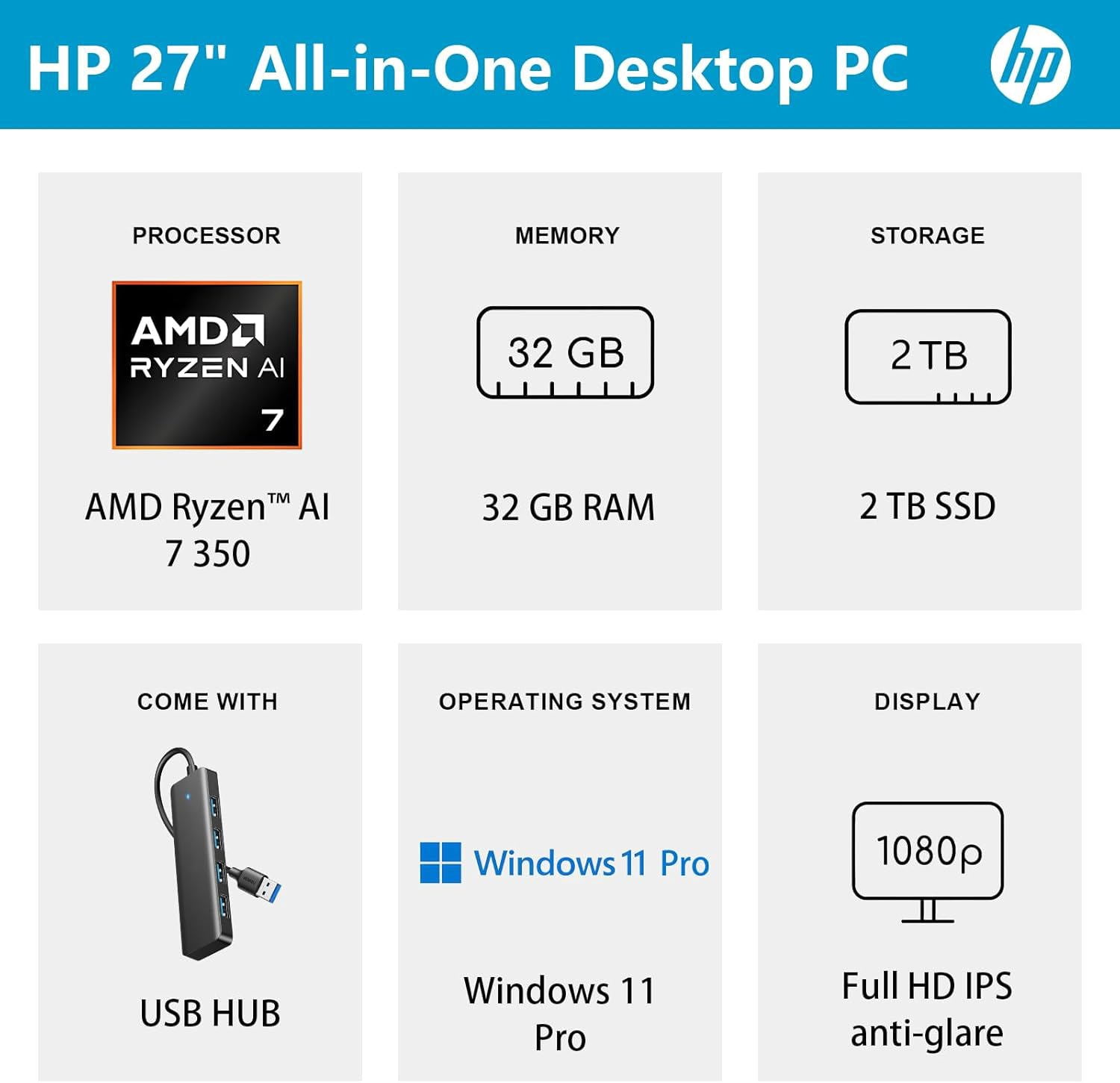 HP 27 All-in-One Desktop PC, Touch FHD 27" IPS Copilot AI PC Computer, AMD Ryzen AI 7 350(8-core), 32GB DDR5 RAM, 2TB SSD, Wi-Fi 6, Webcam, Windows 11 Pro, Bundle with USB HUB