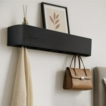 Wall-Mounted Coat Rack – Floating Wood Shelf with Hidden Hooks – Modern Entryway Organizer for Hallway or Closet (Black)