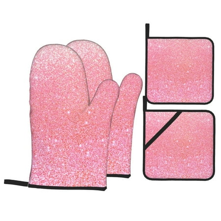 

Oven Mitts and Pot Holders Sets 4 pcs - Sparkly Pink Glitter Heat Resistant Silicone Oven Gloves with Non-Slip Silicone Surface and hot pads for kitchen Baking Cooking BBQ