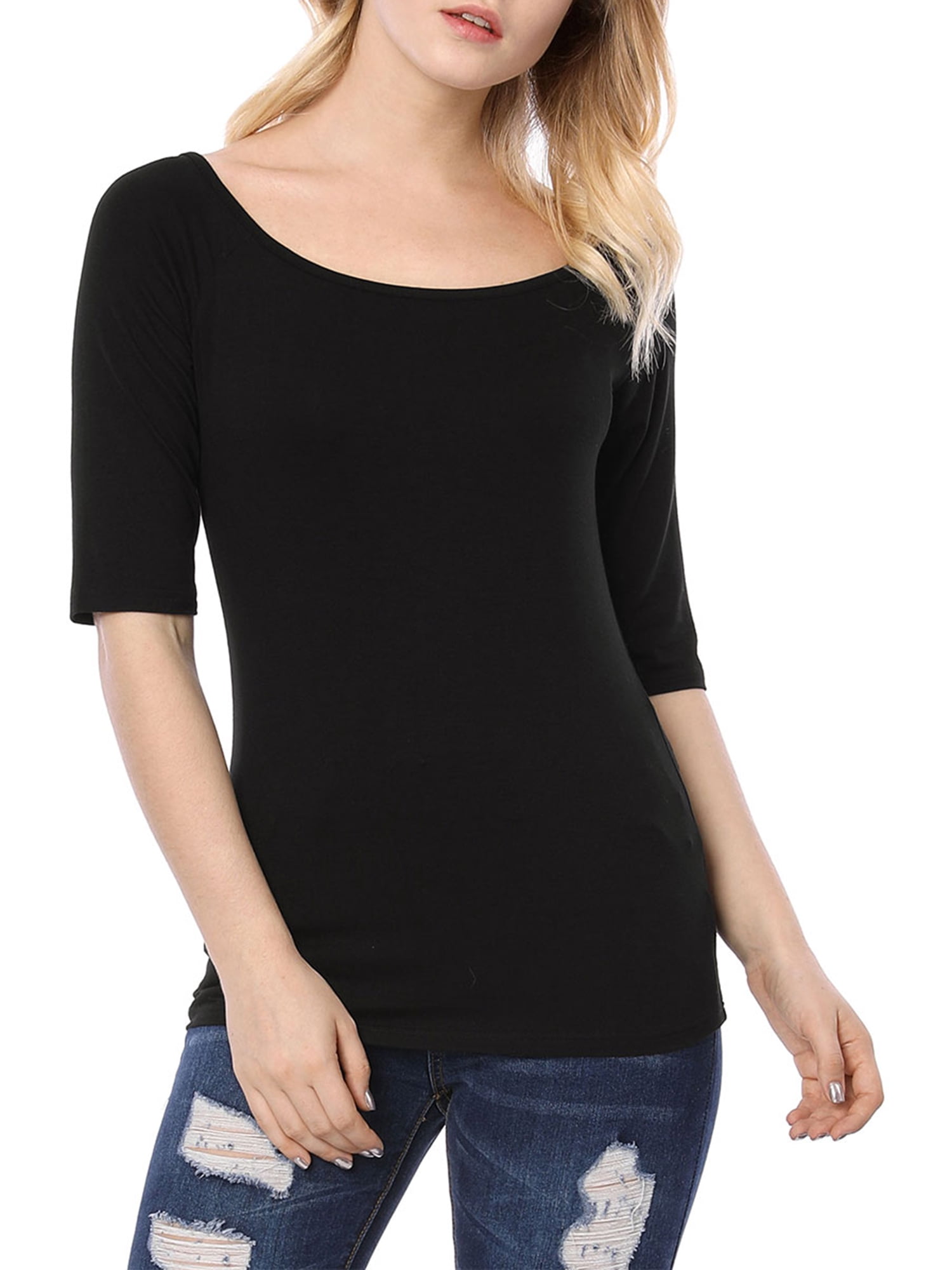 DARING DIVA Women's Slim Fit Pullover Boat Neck Stretchable T-Shirt 2XL Black