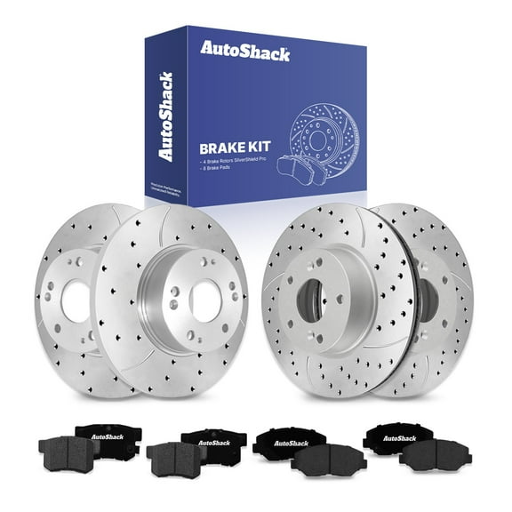 AutoShack Front Vented & Rear Solid Drilled & Slotted Silver Zinc Coated Brake Rotors   Ceramic Pads 12-PC Brake Kit Replacement for 2003-2005 Honda Accord SilverShield Pro