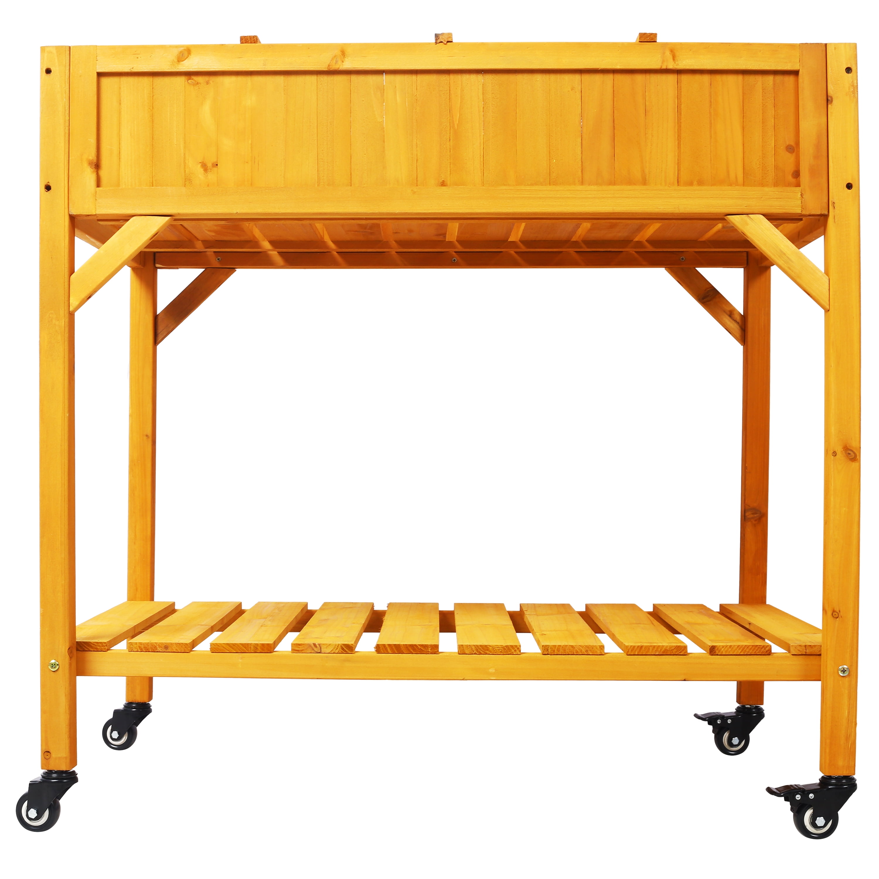 Elevated 8 Pocket Herb Garden Bed Mobile Raised Wooden Planter w/ Lockable Wheels Storage Shelf Fir Wood Material 36" x 24.25" x 34.625"