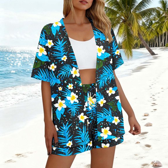 Costeam Womens Floral Print Two Piece Short Sleeve Open Front Shirt Short Set Self Fabric Drawstring Elastic Waist Shorts No Pockets Lightweight Flowey Vacation Casual Outfit