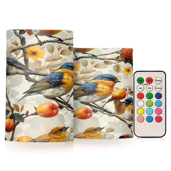 ALAZA Bird on Branch Floral 2 PCs LED Flickering Flameless Candles with Remote Timer Battery Operated Candle