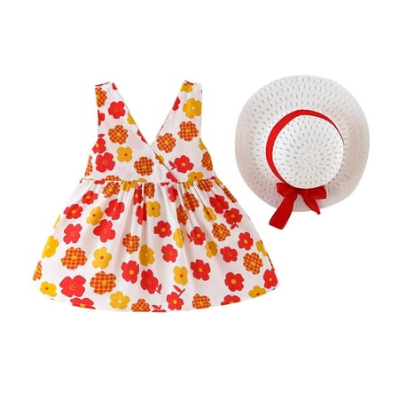 

Baby Girls 6M-3Y Sleeveless Bowknot Floral Printed Princess Dress Hat Set