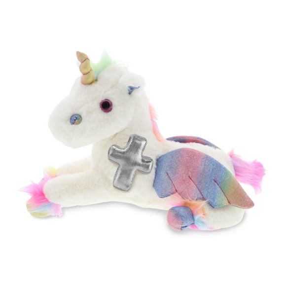 DolliBu Royal Flying Unicorn Stuffed Animal with Silver Cross Plush - Religious Baptism Gifts for Boys and Girls, Dedication Christening Gifts Plush Prayer Toy Healing Stuffed Animal - 8 Inches