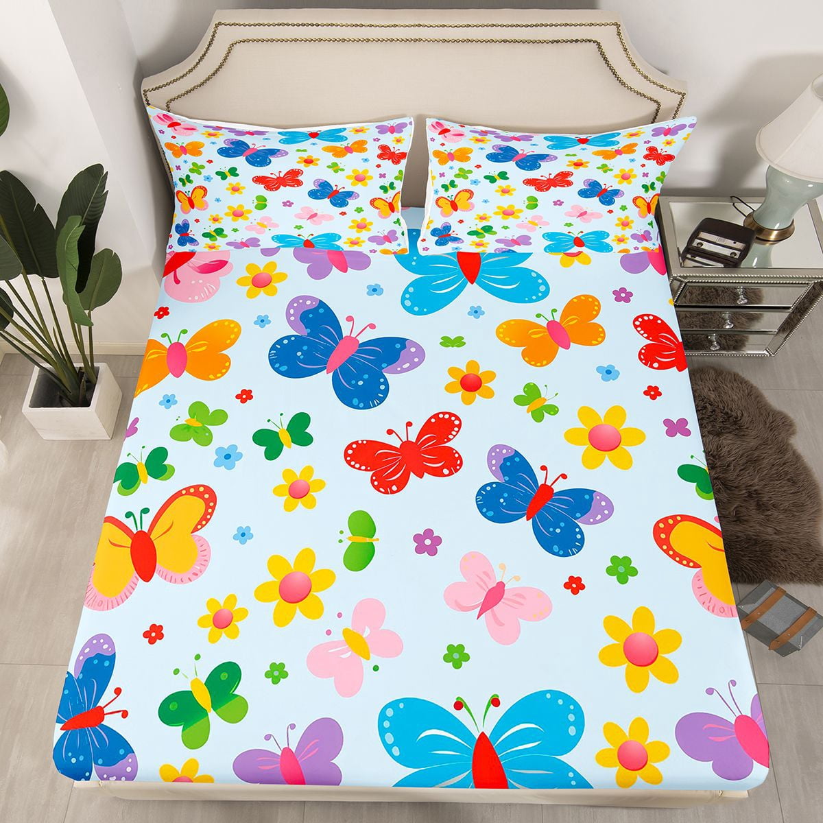 Homewish Multicolor Butterfly Printed Twin Sheet Sets,Rustic Flower Floral Twin Fitted Sheet,Blue Orange Flat Sheet For Girl Kids,Luxury Bedroom Decor,3 Pieces