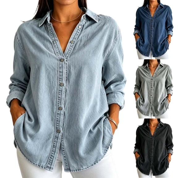 KICILVS Denim Jacket for Women Button Down Collar Loose Fit Long Sleeve Jackets Trendy Comfortable Fashion Clothing