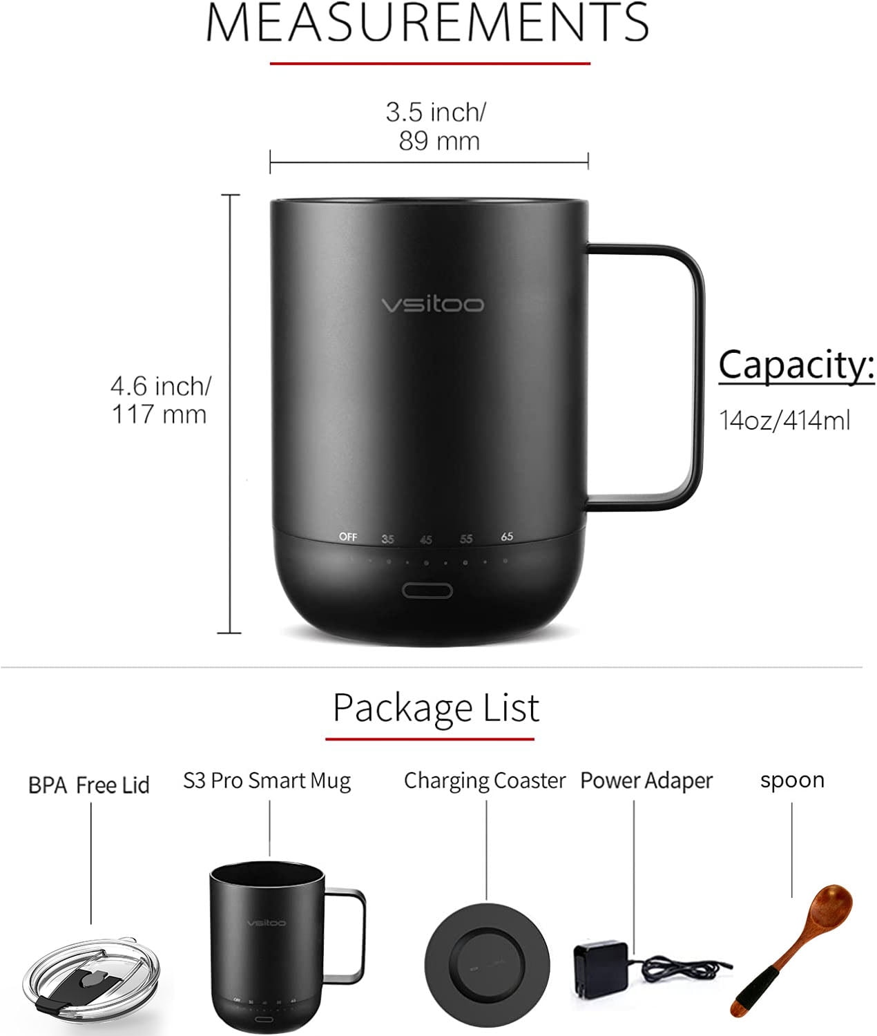 vsitoo S3pro Temperature Control Smart Mug 2 with Lid, Self Heating Coffee  Mug 14 oz, 90 Min Battery Life - APP & Manual Controlled Heated Coffee Mug  - Improved Design - Gifts for Coffee Lovers 