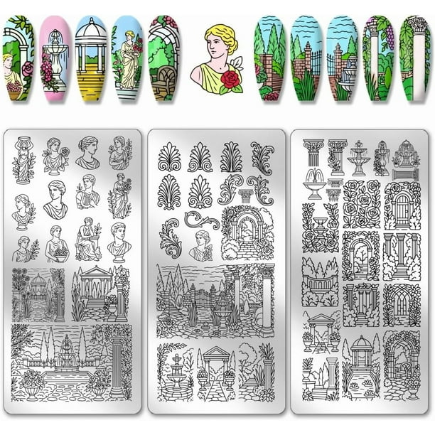 Juego de 3 placas para estampar uñas con diseños de jardín europeo, esculturas, patrones, plantillas para arte de uñas, fuentes, imágenes de flores y plantas.
