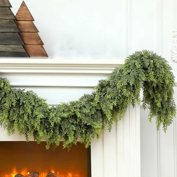 Christmas Decorations Cedar Garland, Artificial Realistic Christmas Cedar Garland, Faux Cedar Needles Garland, Artificial Green Cedar Garland for Home Fireplace Indoor Outdoor Holiday Party Decor