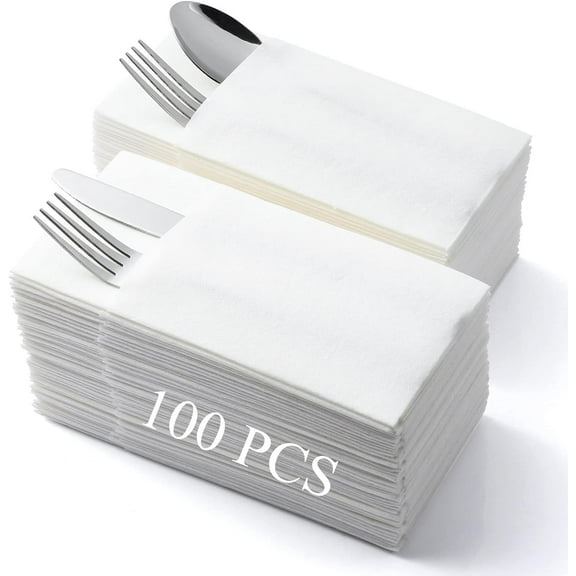 LEKOCH 100 Pcs Premium White Pocket Napkins Disposable Linen Feel Napkins - Built in Flatware Dinner Napkins for Reception Wedding Party