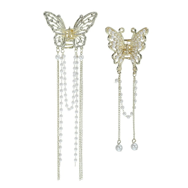 Accesorios para el cabello elegantes y bonitos: Clip para el cabello de mariposa con borlas de perlas falsas, 2 piezas