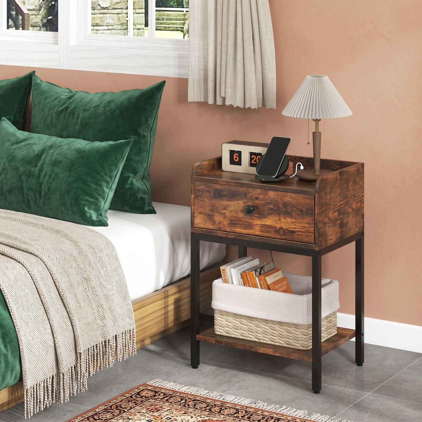Furnibear Industrial Nightstand with Charging Station and Drawer for Convenient Bedside Storage in the Bedroom and Living Room, Rustic Brown