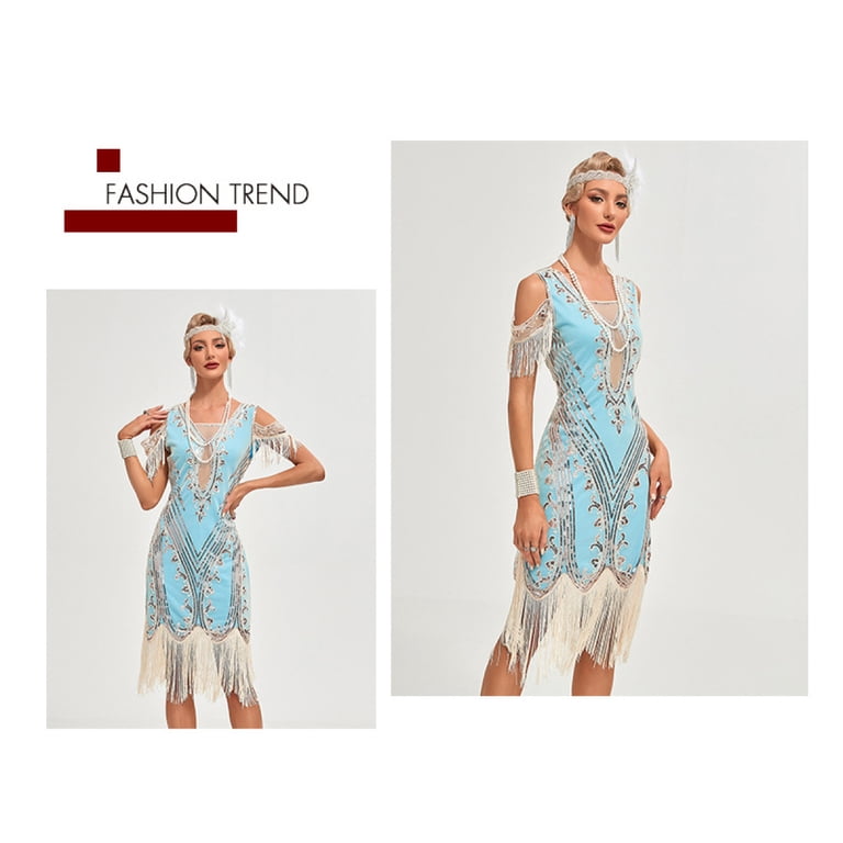 1920s Vintage Dress Summer Fringe Beaded Great Gatsby Flapper Evening Dress  Party Cocktail Prom,XXL,Blue - Walmart.com