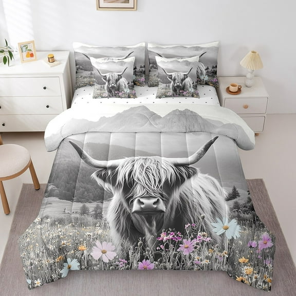 Erosebridal Higland Cattle Bedding Sets Twin Size,Floral Flower Comforter Sets with Sheets,Grey Purple Bed in a Bag Twin size,Lightweight Animal Bedroom Decoration,Reversible,7pcs
