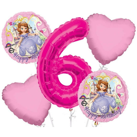 Sofia The First Balloon Bouquet 5 pc, 6th Birthday, Hot Pink Number 6 Jumbo Balloon
