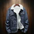 thumbnail image 2 of ZQUUVOU Men's Fleece Denim Jacket Winter Fashion Solid Color Long Sleeve Collar Plush Lined Jean Jacket with Pockets Dark Blue, 2 of 5