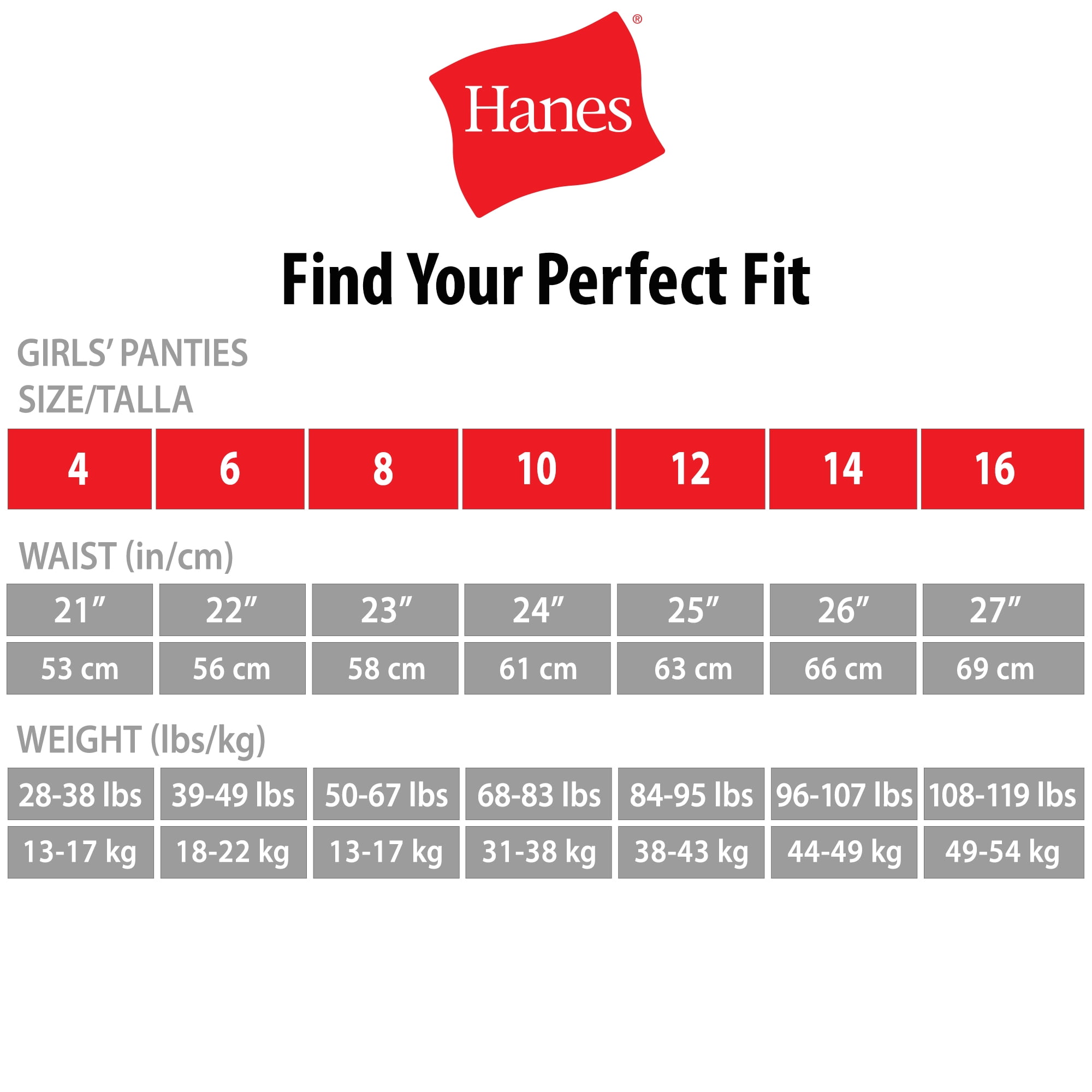 Hanes Girls Size Chart