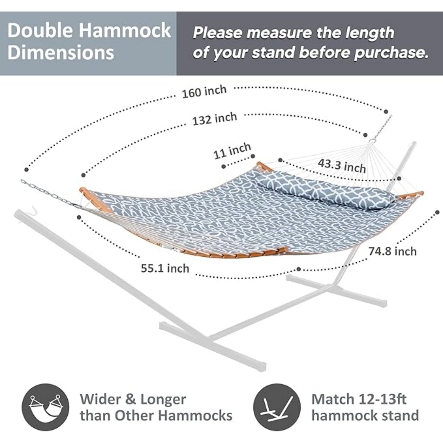 Portable Double Hammock with Curved Spreader Bar, 450 lbs Capacity, Heavy Duty Outdoor Hammock with Outer Bag, Dark Gray