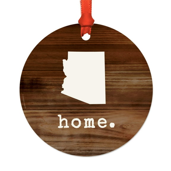 US State Round Metal Christmas Ornament, Rustic Wood Print, Iowa, Includes Ribbon and Gift Bag