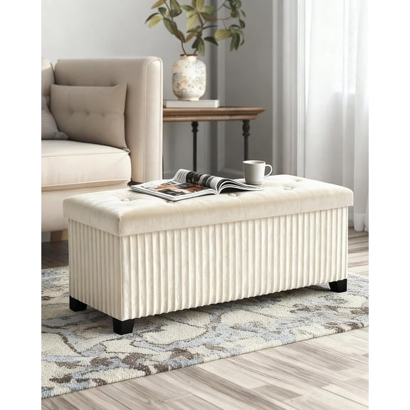 43 Inch Storage Ottoman Bench, Foldable Velvet Bench with Legs, Large Capacity Storage Chest & Foot Rest for Bedroom End of Bed or Living Room, Beige