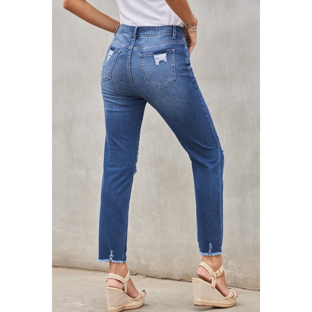 ABPHQTO Pantalón vaquero boyfriend desgastado azul claro de mujer