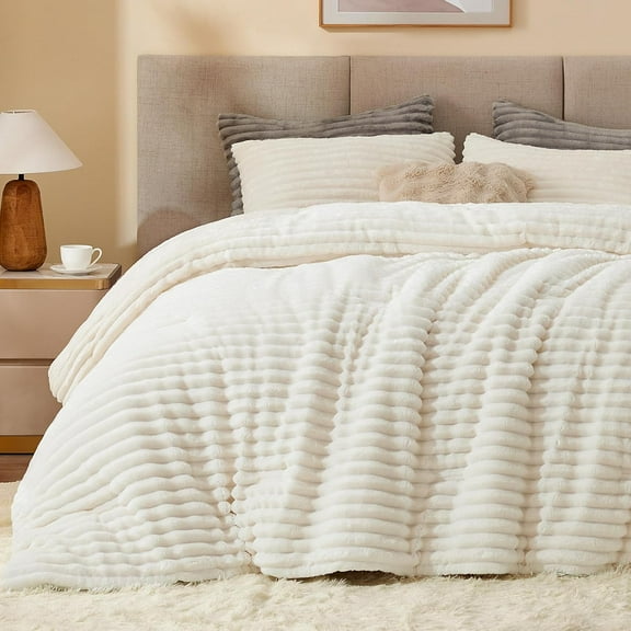 Fleece Queen Comforter Set -Super Soft & Warm Fluffy Cream White Bedding, Luxury Fuzzy Heavy Bed Set for Winter with 2 Pillow Cases