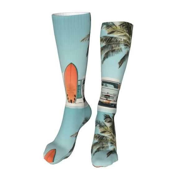 Yiaed Vintage Surf Van Beach Print Great elasticity Adult Stockings Sports socks for Men and Women-One Size
