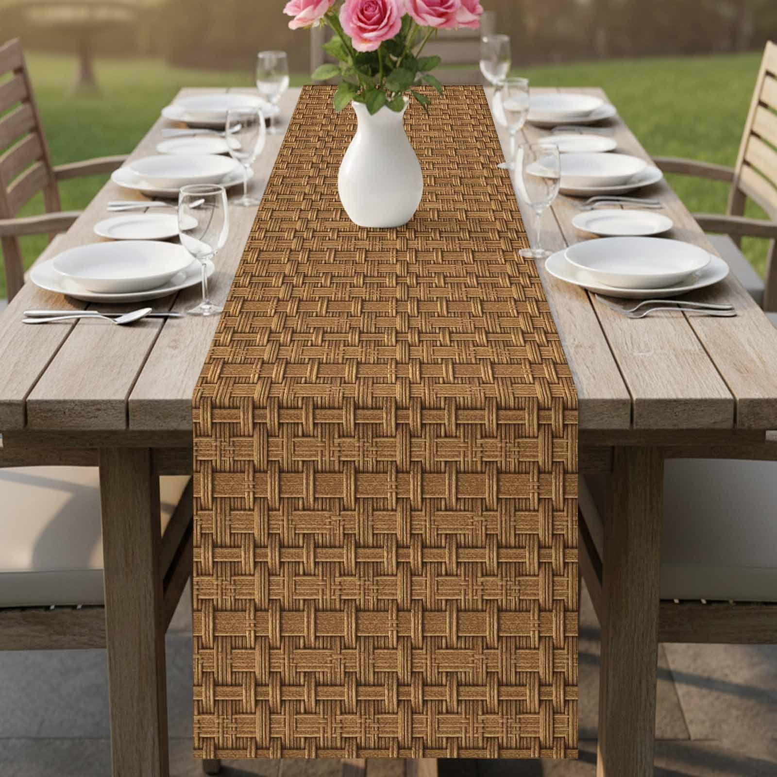 Vintage Rattan Table Runner - 60 Inch Long Minimalist Abstract Wicker Texture Brown Cotton and Linen Blended Dress Scarves Farmhouse Table Runner for Kitchen Dining, Coffee Table, 13" x 60"