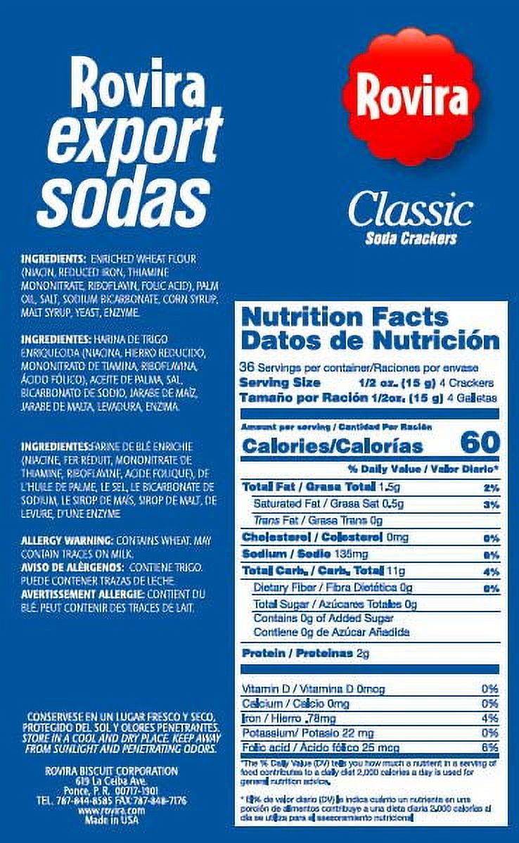 Rovira Export Sodas Classic Soda Crackers, Family Size Foil Fresh Pack, 18oz Carton Box