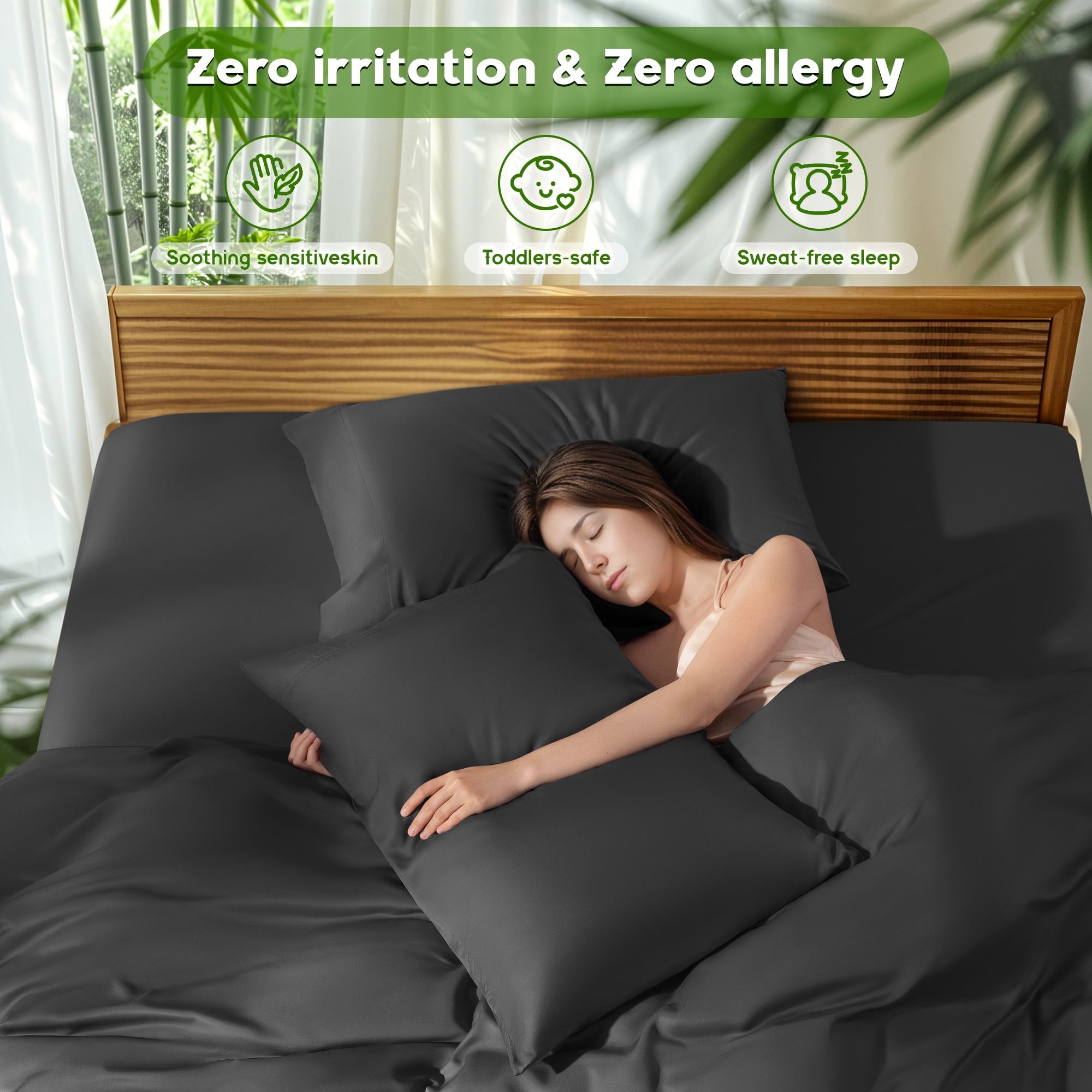 Sonoro Kate Luxury Cooling Bamboo Bed Sheet Set - Deep Pockets - 4 Piece, California King, Black