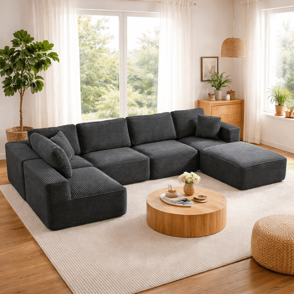 Eclife 6-Seat Modular Corduroy Sectional Sofa, Upholstered Accent Seating with Ergonomic Support, No Assembly, Dark Gray