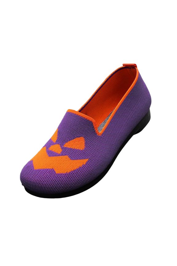 Womens Halloween Orthopedic Loafers, Arch Support Slip On Flat Shoes, Pumpkin Ghost Printed Casual Walking Flats for Women Purple