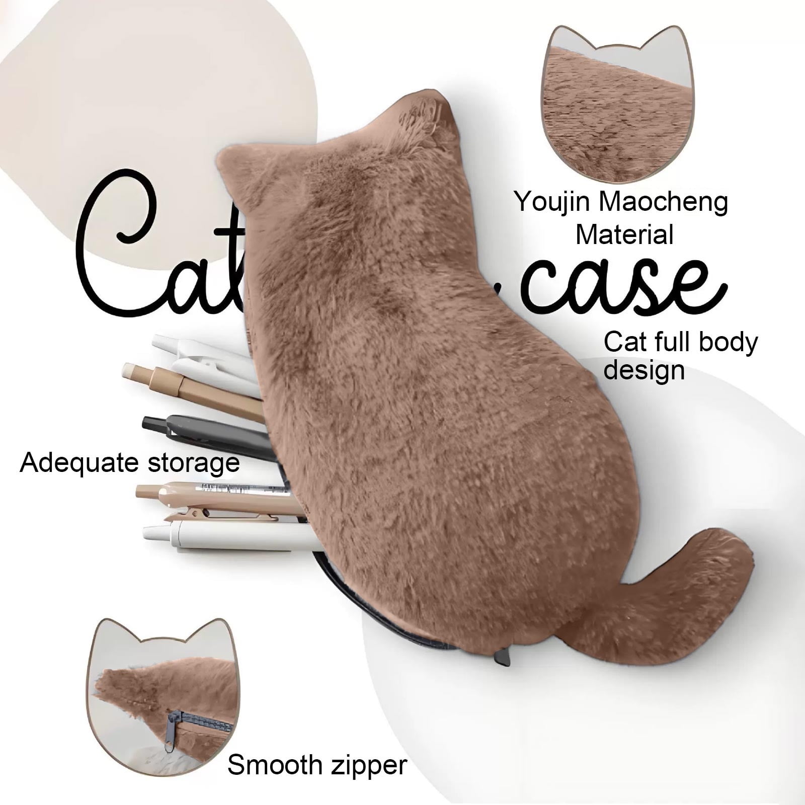 Weloille Plush Cat Multifunctional Storage Bag, Coin Purse, Pencil Case and Makeup Brush Holder with Zipper, Flock Material, 25x12cm, Multi-Color