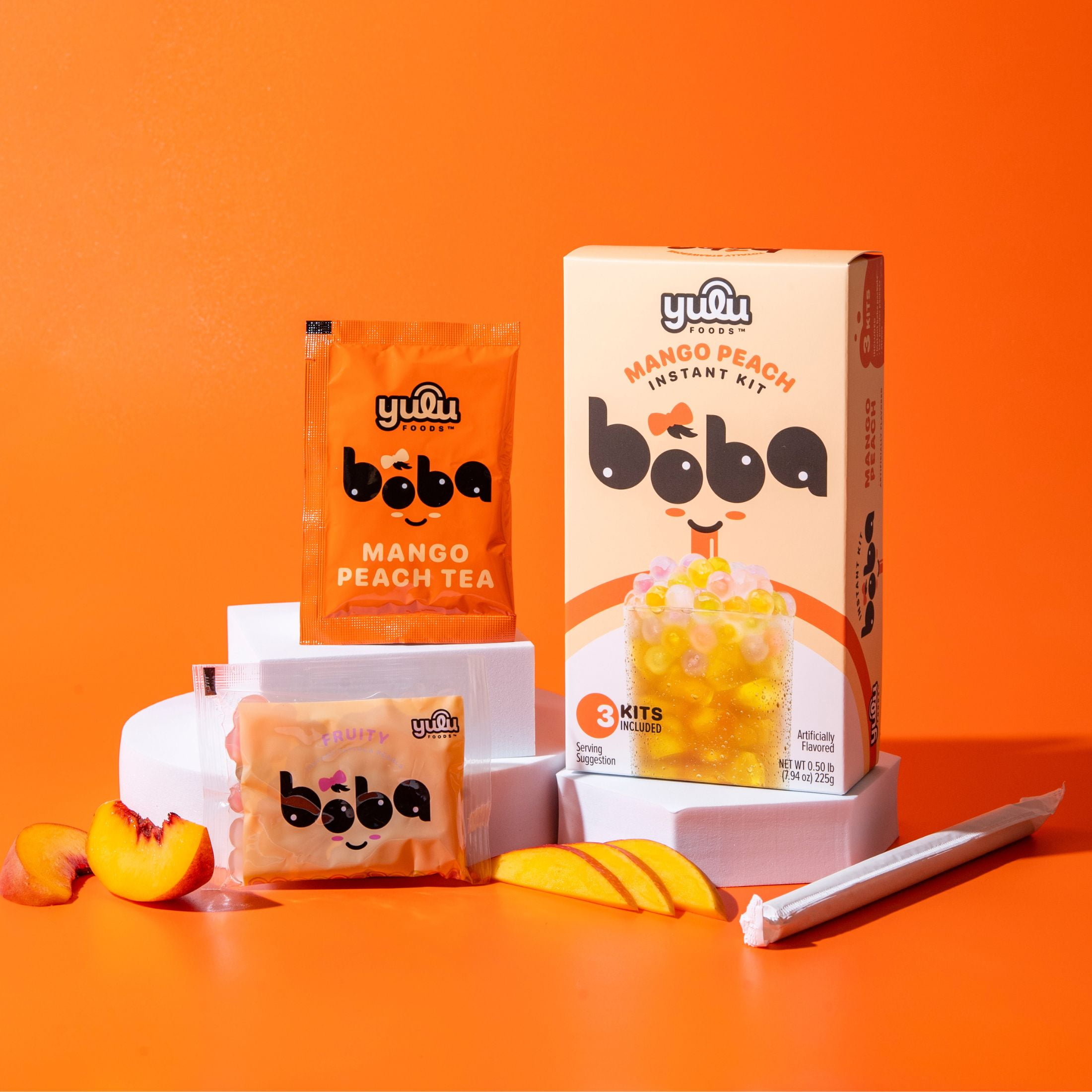 Yulu Foods Instant Boba Mango Peach Tea, Bubble Tea Kit, 3 Drinks