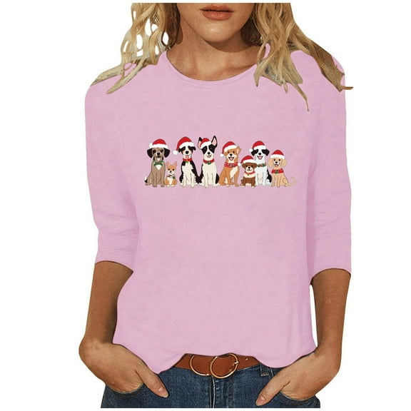 Womens Casual Christmas Tee Shirts Oversized Sweatshirt Pink Pullover Sweaters V Neck Fall Tops Stylish 3/4 Sleeve Crop Top Swimsuits