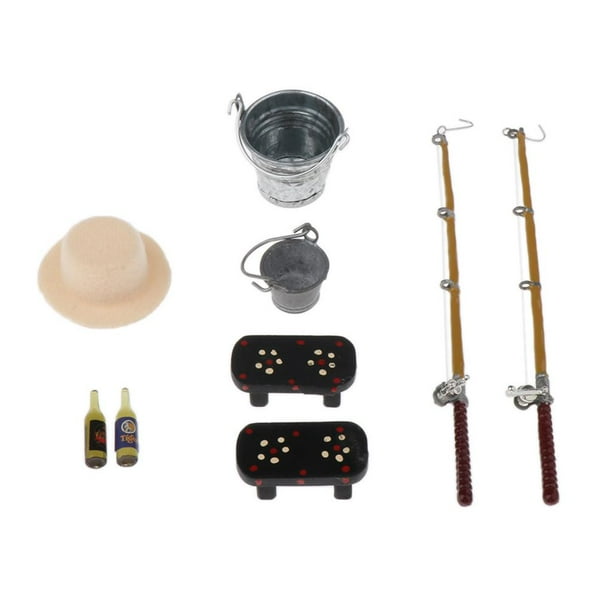 1/12 Scale Fishing Rod with Stool Hat Beer Bottles Keg Set for