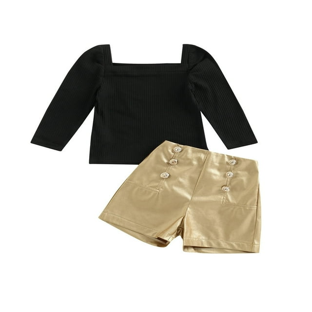 Toddler Kids Girls 2 Pieces Outfits Solid Color Knitted Ribbed Puff Long Sleeve Tops + PU Leather Buttons Shorts Set
